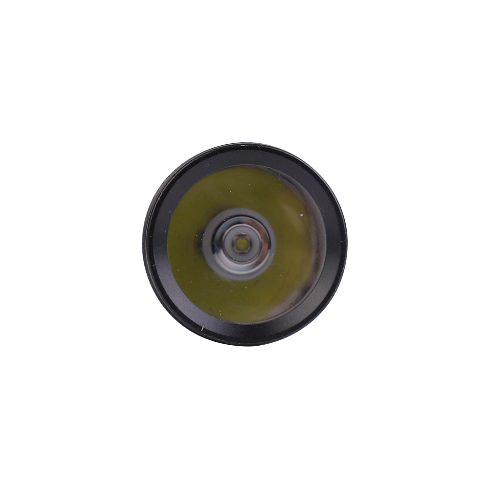 Front close-up view of the LED light head and reflector ring of the medium aluminum flashlight.