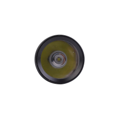Front close-up view of the LED light head and reflector ring of the medium aluminum flashlight.