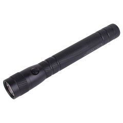 An angled profile view of the long black aluminum LED flashlight showcasing its sturdy metal body.