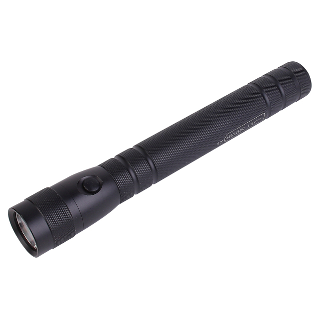 An angled profile view of the long black aluminum LED flashlight showcasing its sturdy metal body.