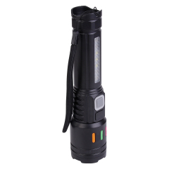 Side angled view of the black multi-functional flashlight showing its lanyard strap and durable body.