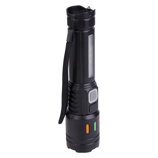 Side angled view of the black multi-functional flashlight showing its lanyard strap and durable body.