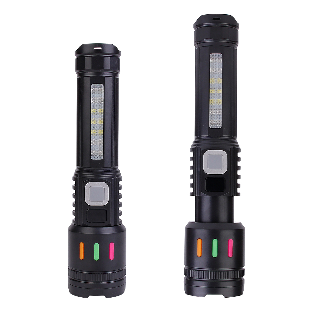 Front view comparing the compact and extended zoomable states of the black P50 LED flashlight.