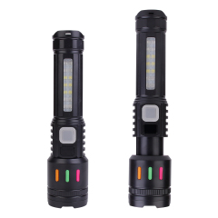 Front view comparing the compact and extended zoomable states of the black P50 LED flashlight.