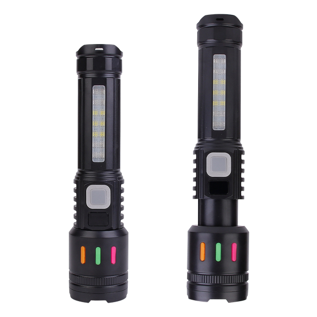 Front view comparing the compact and extended zoomable states of the black P50 LED flashlight.