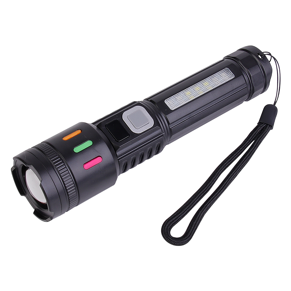 An angled view of the black P50 flashlight with attached black wrist lanyard and side SMD light panel.