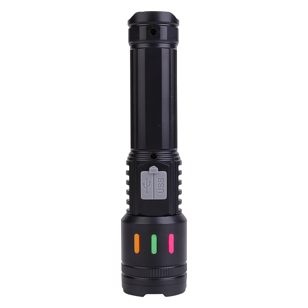 Front view of the black rechargeable flashlight showing its central switch and blue battery power indicator lights.