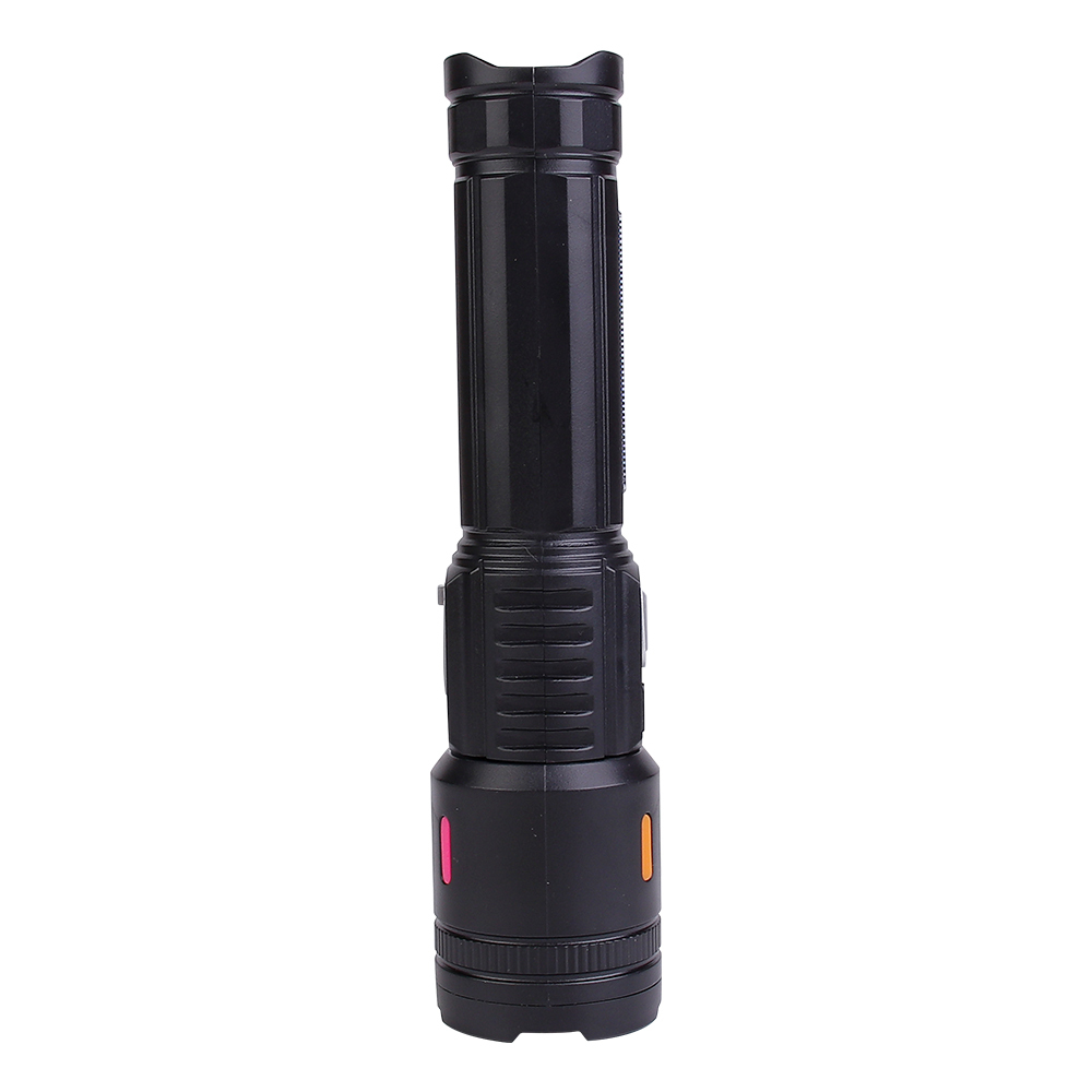 Back profile view of the black rechargeable LED flashlight.