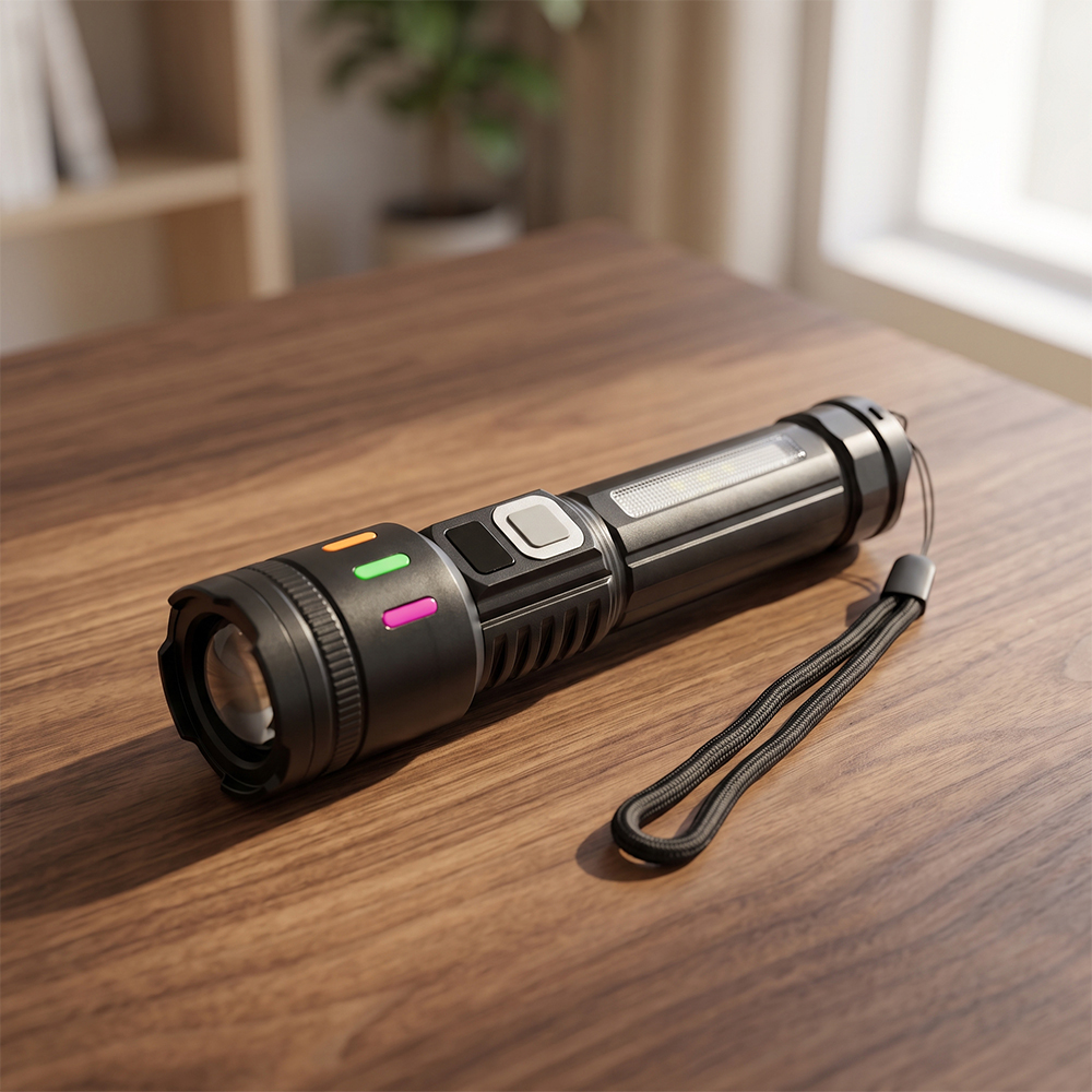 A black rechargeable P50 LED flashlight with vibrant accent rings lying on a wooden table.