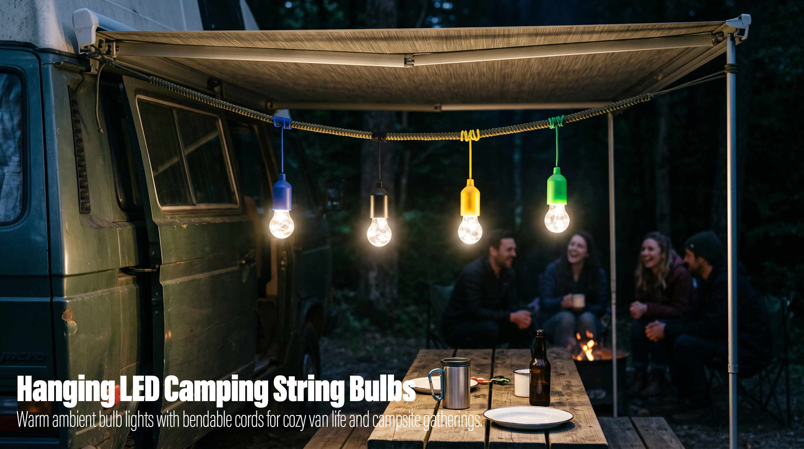 A row of colorful warm LED bulb lights hanging from a campervan awning rope over an outdoor picnic table at night.