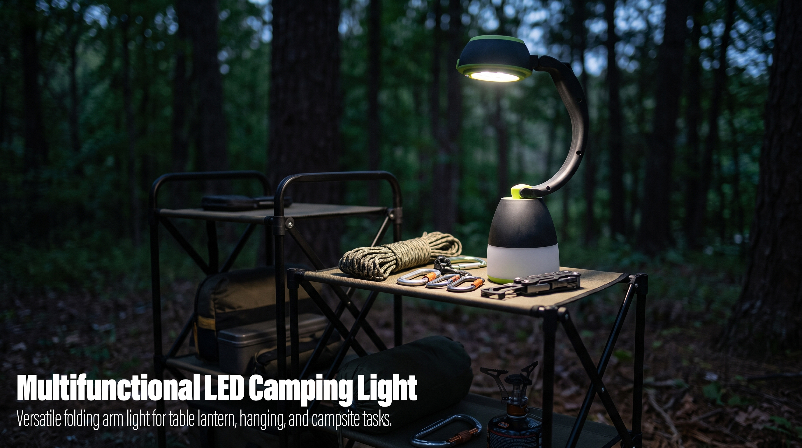 A multifunctional black and green LED camping light with a flexible arm illuminating outdoor gear on a campsite table at night.