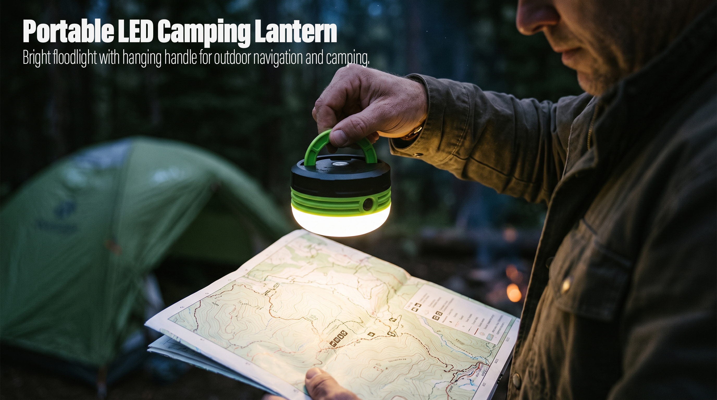 A person holding a green mini LED camping lantern with a handle to illuminate a map at a forest campsite at night.