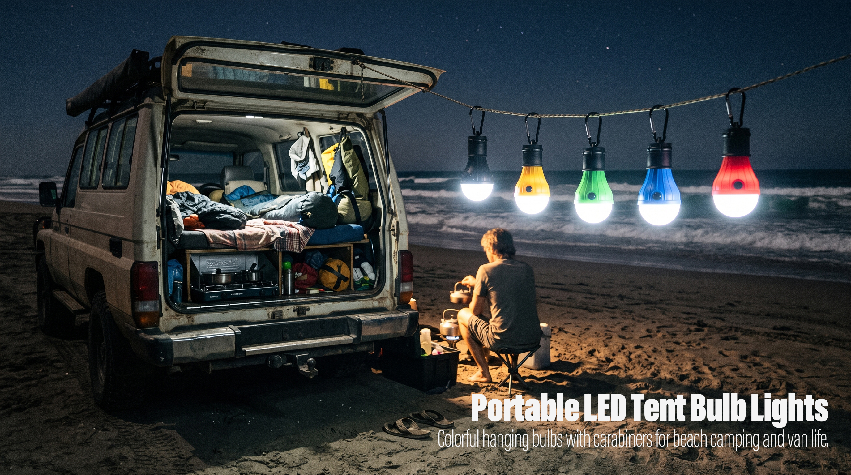 A row of colorful LED bulb lights with carabiner clips hanging on a campsite rope during a beach van life camp at night.