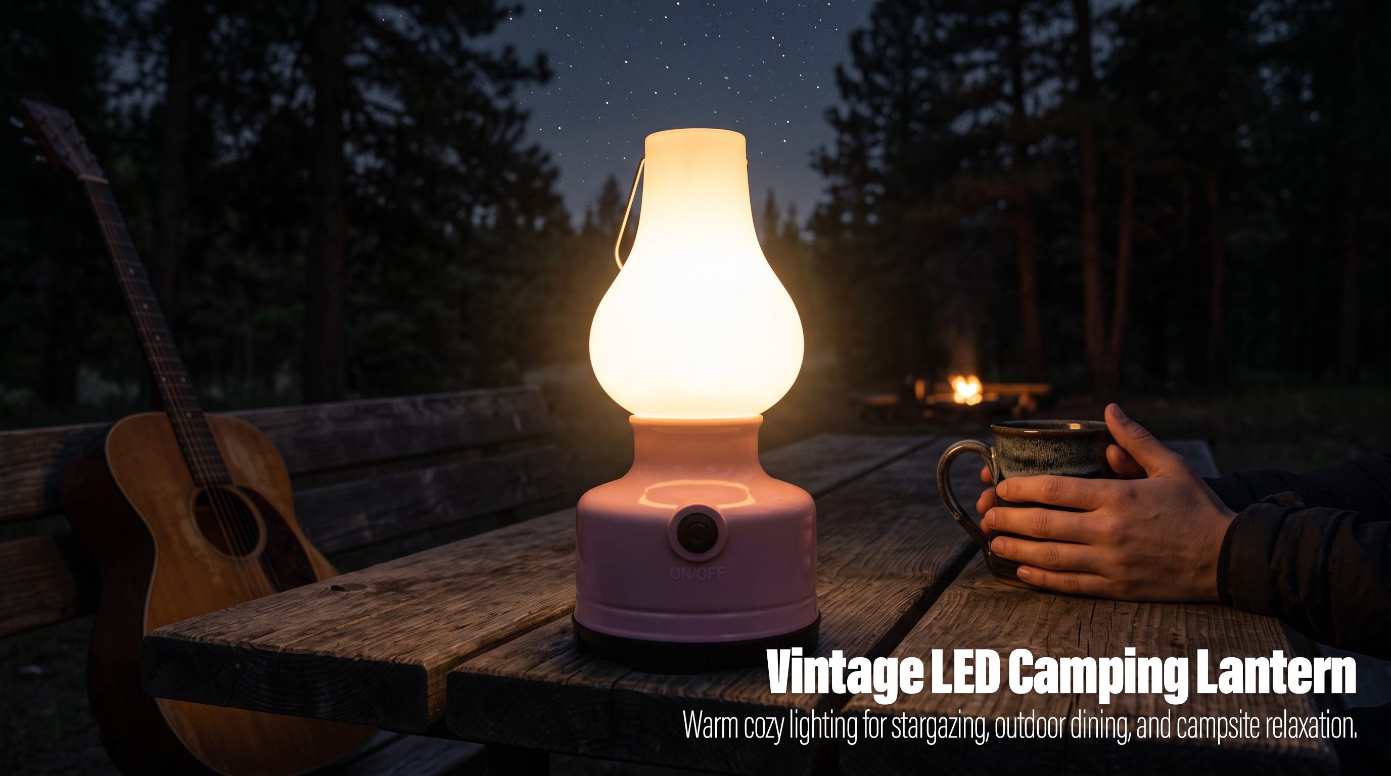 A pink vintage LED camping lantern glowing warmly on a wooden picnic table at night with a guitar in the background.