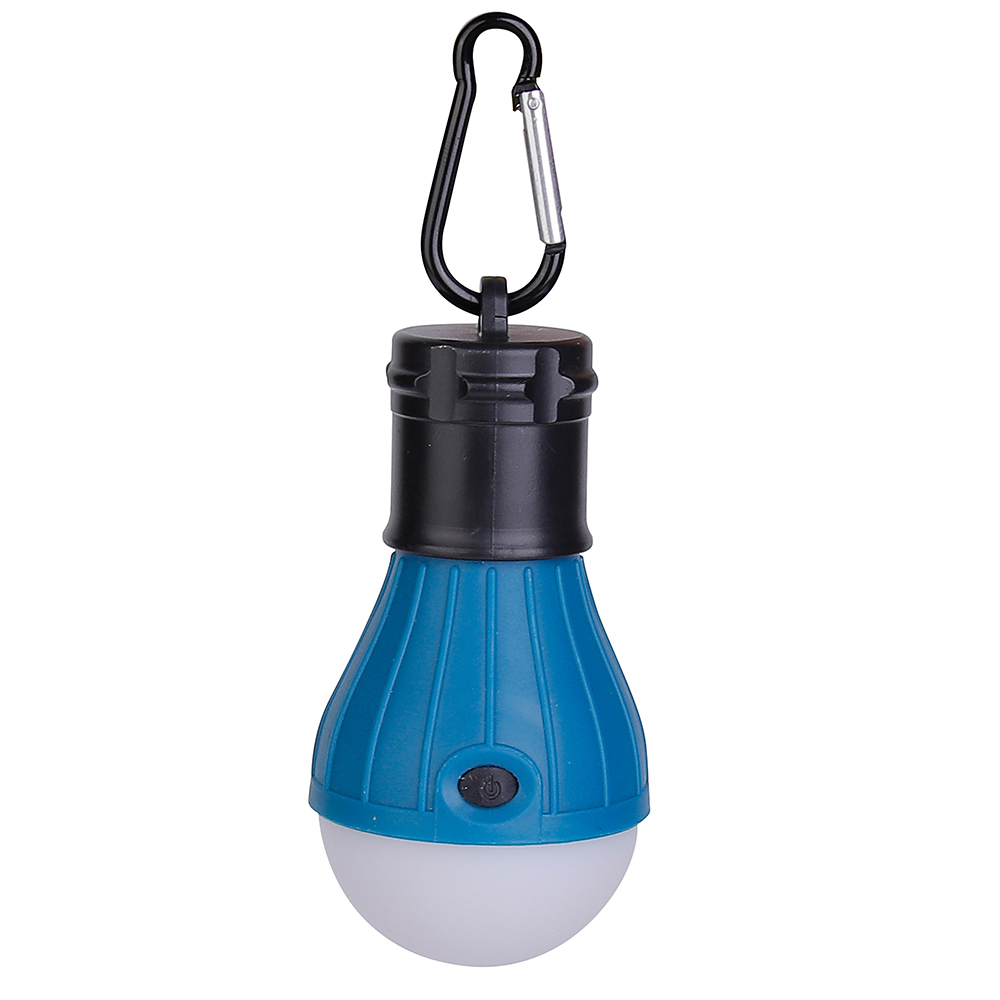 Front view of a blue mini LED camping bulb light with a black metal carabiner clip.