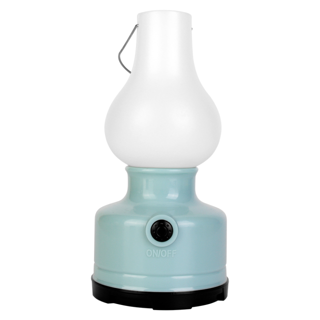 Front view of the light blue vintage LED camping lantern with a frosted white shade.