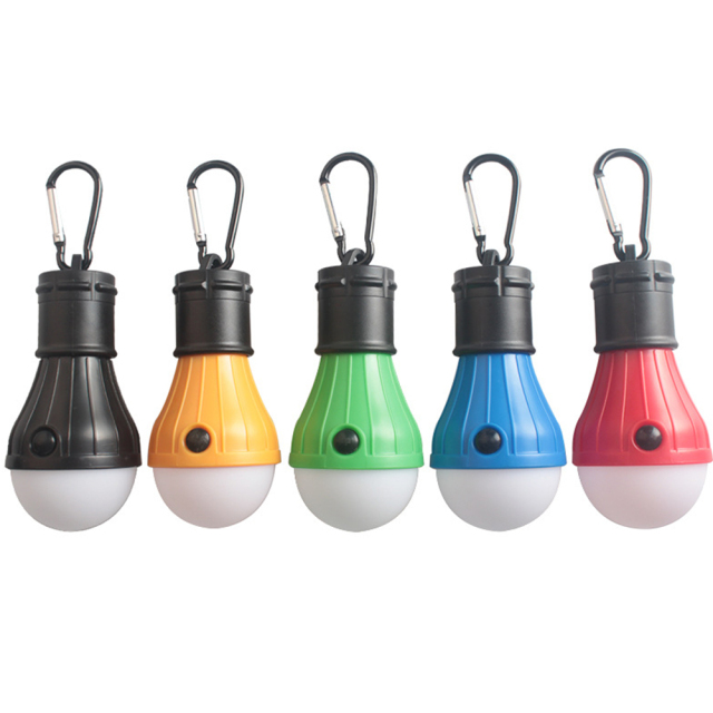 Five mini LED camping bulb lights in black, yellow, green, blue, and red arranged in a row with carabiner hooks.
