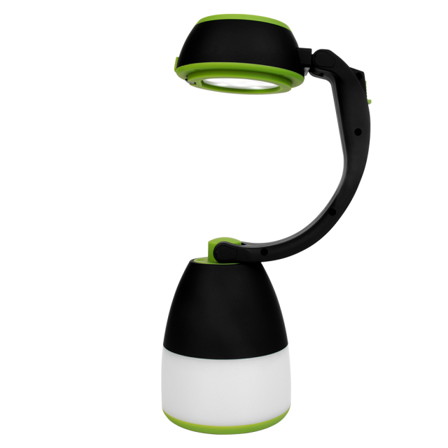 Side view of the foldable LED camping light set up as a flexible desk lamp with an extended arm.