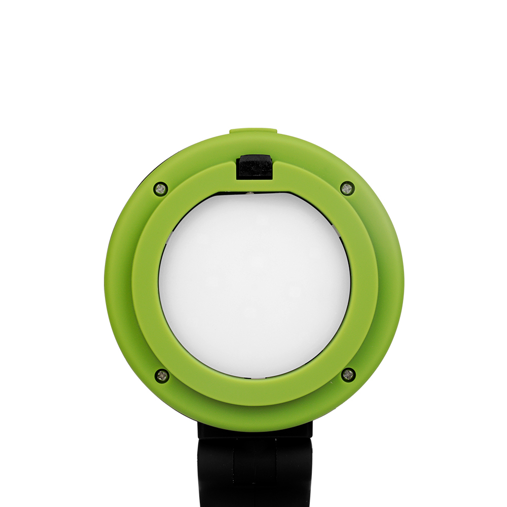 A bottom-up view of the camping lantern highlighting the frosted white light diffuser ring.