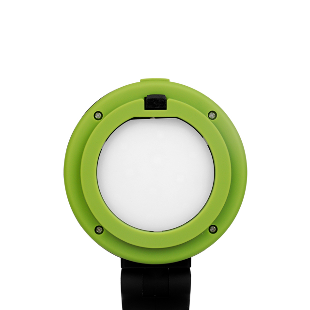 A bottom-up view of the camping lantern highlighting the frosted white light diffuser ring.