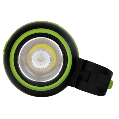 Close-up view of the green circular spotlight lamp head with a central LED bulb.