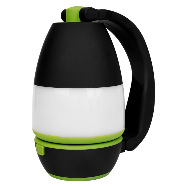 Front view of the multifunctional LED camping light with its flexible arm fully folded down.