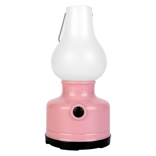 Front view of the pink vintage LED camping lantern featuring a white bulb dome and dark base.