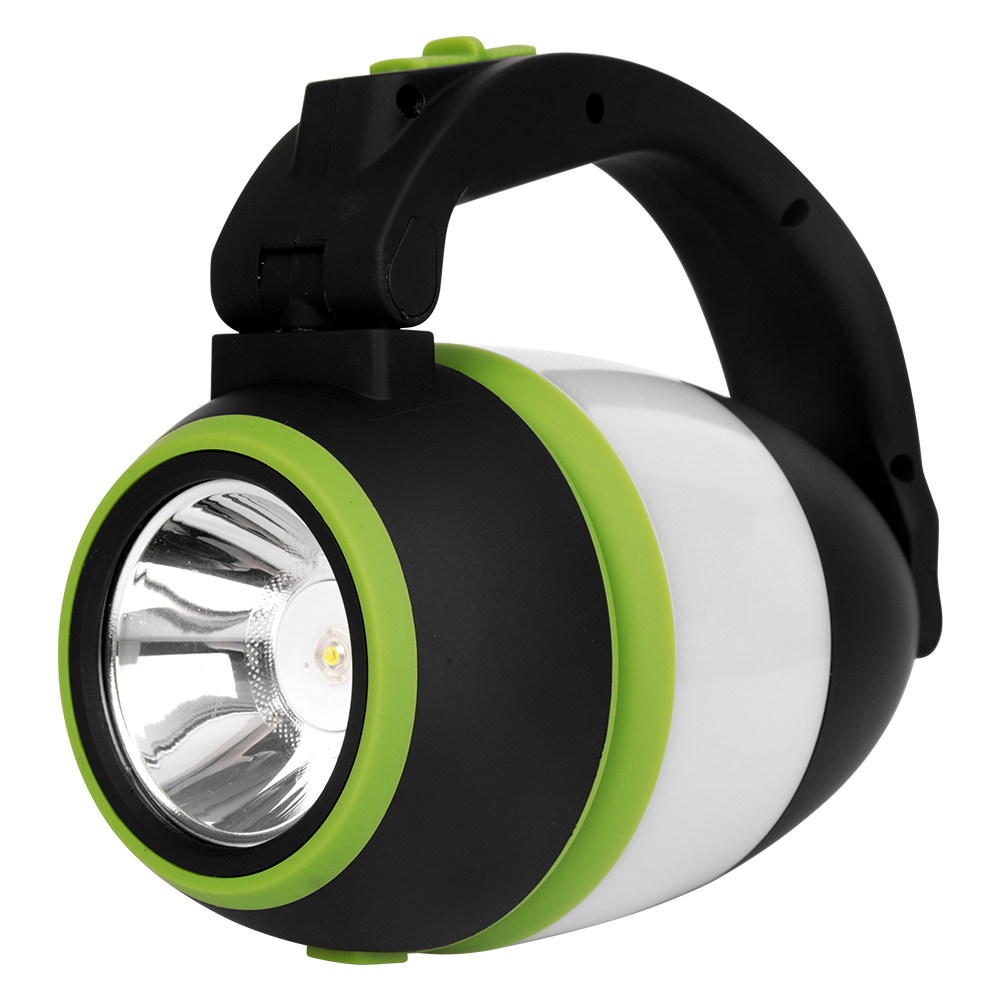 An angled view of the LED camping light showcasing its handle and front spotlight lens for handheld carry.