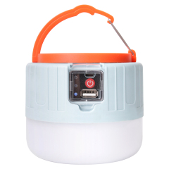 Front view of the portable solar lantern showing its raised orange hanging hook, ready for tent use.