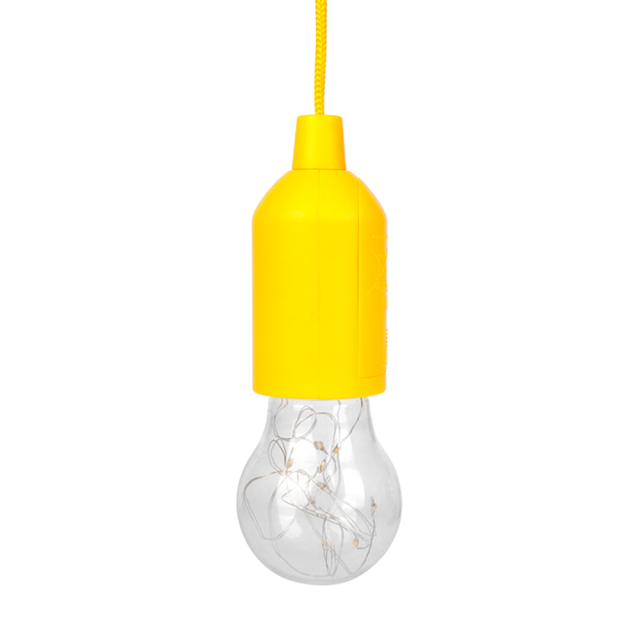A yellow hanging LED pull cord light with a clear bulb shell suspended vertically.