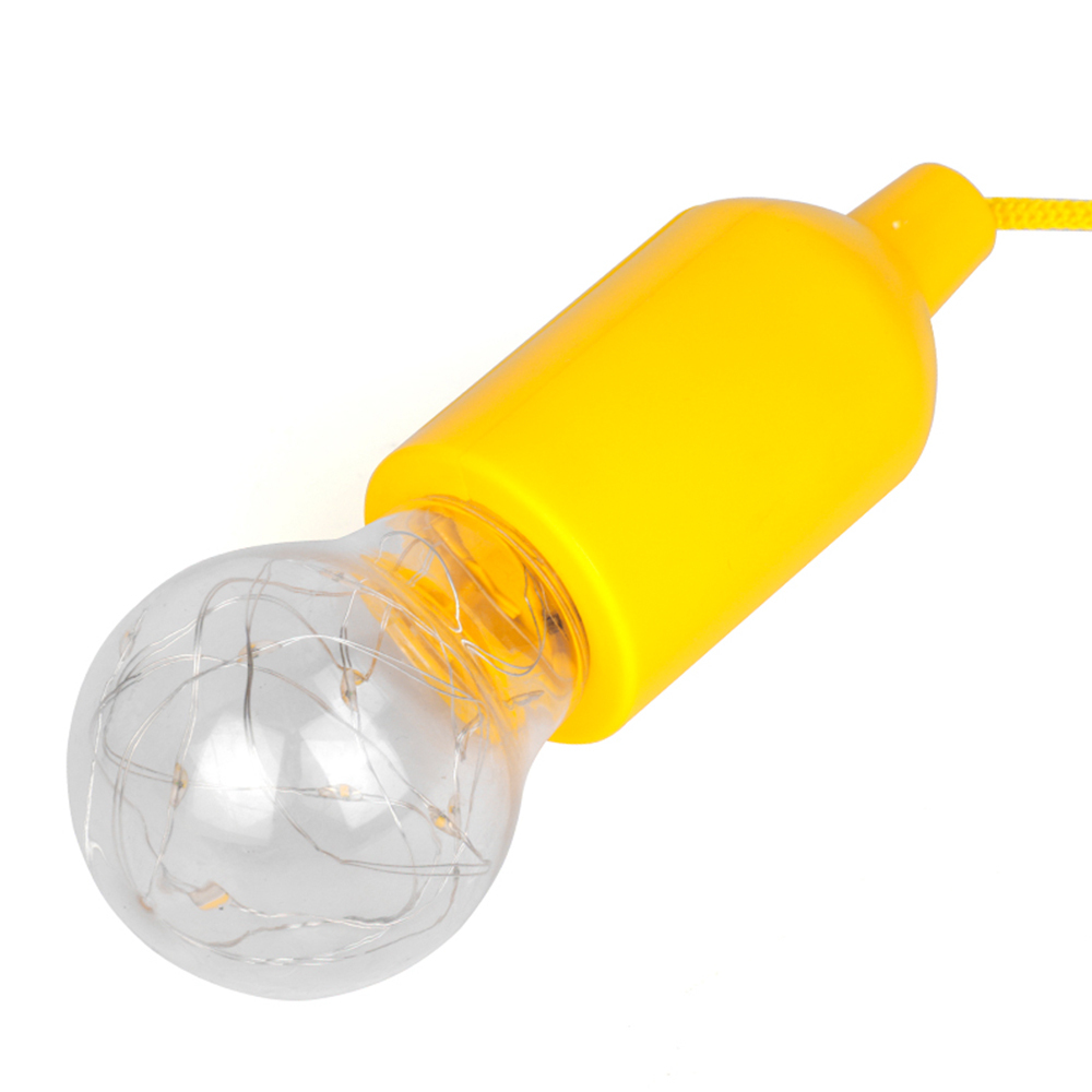 An angled view of a yellow LED pull cord bulb light featuring a clear transparent bulb shell.