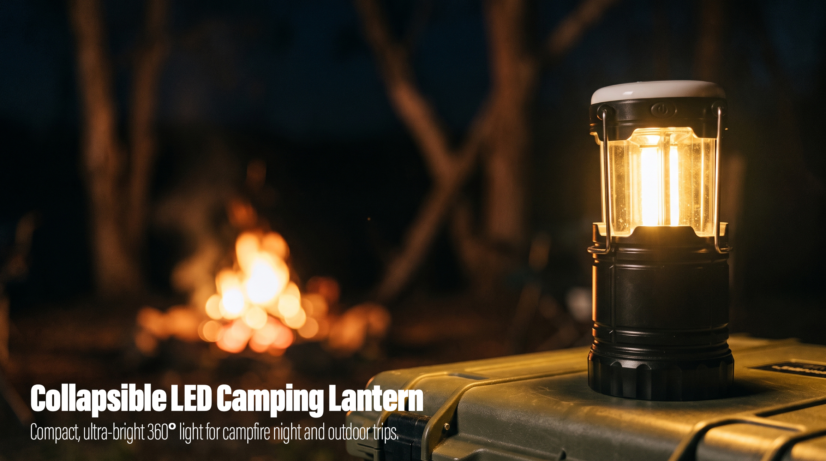 A glowing black collapsible LED camping lantern resting on a green storage case with a warm campfire in the background.