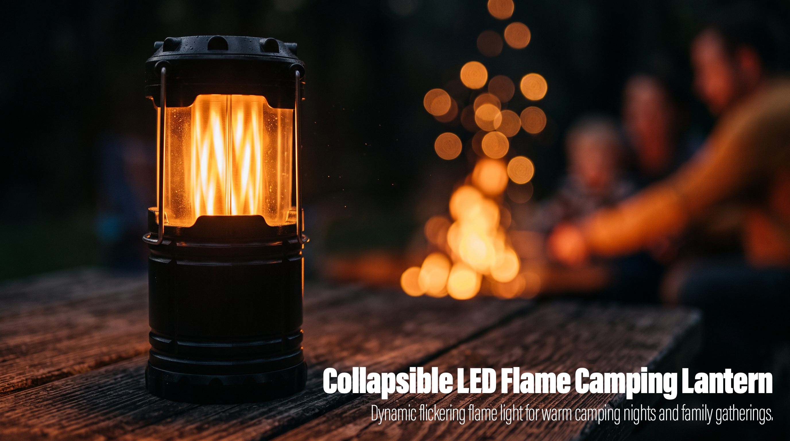 A glowing black collapsible LED flame camping lantern on a wooden picnic table with a campfire and people blurred in the background.
