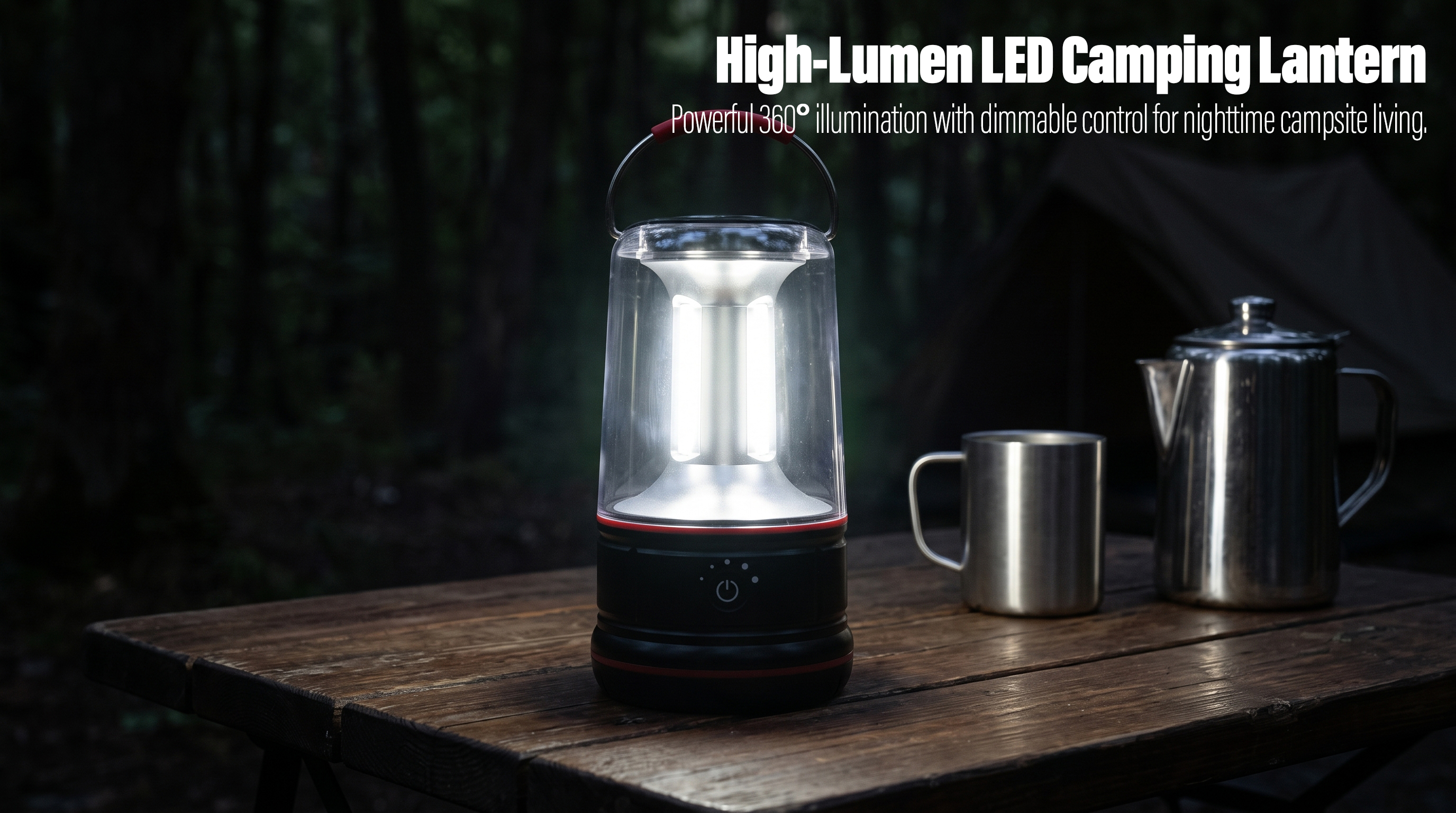 A bright transparent LED camping lantern illuminated on a wooden table at night with a coffee pot and mug.