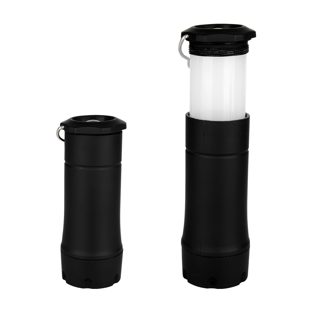 Front view of the 2-in-1 telescopic LED light comparing its retracted flashlight form with its expanded lantern form.