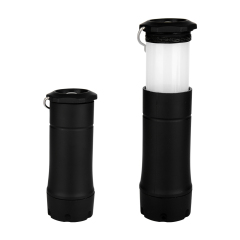 Front view of the 2-in-1 telescopic LED light comparing its retracted flashlight form with its expanded lantern form.