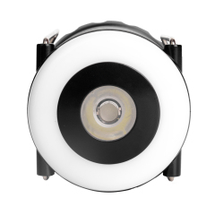 Direct top-down bird's-eye view of the central LED flashlight and surrounding COB light ring.