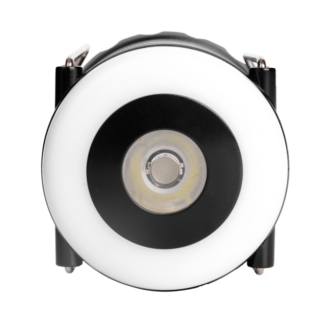 Direct top-down bird's-eye view of the central LED flashlight and surrounding COB light ring.
