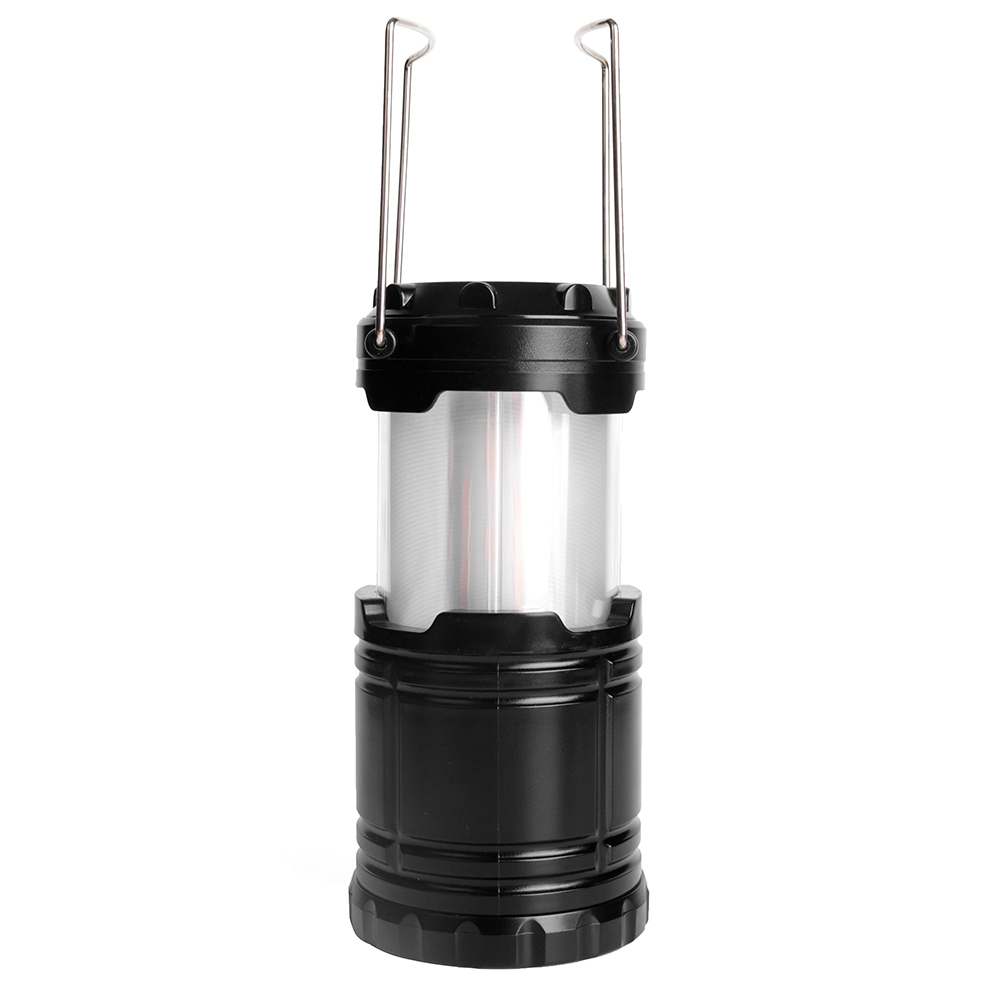 Front view of the fully extended flame camping lantern with both metal hanging handles raised up.
