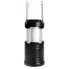 Front view of the fully extended flame camping lantern with both metal hanging handles raised up.