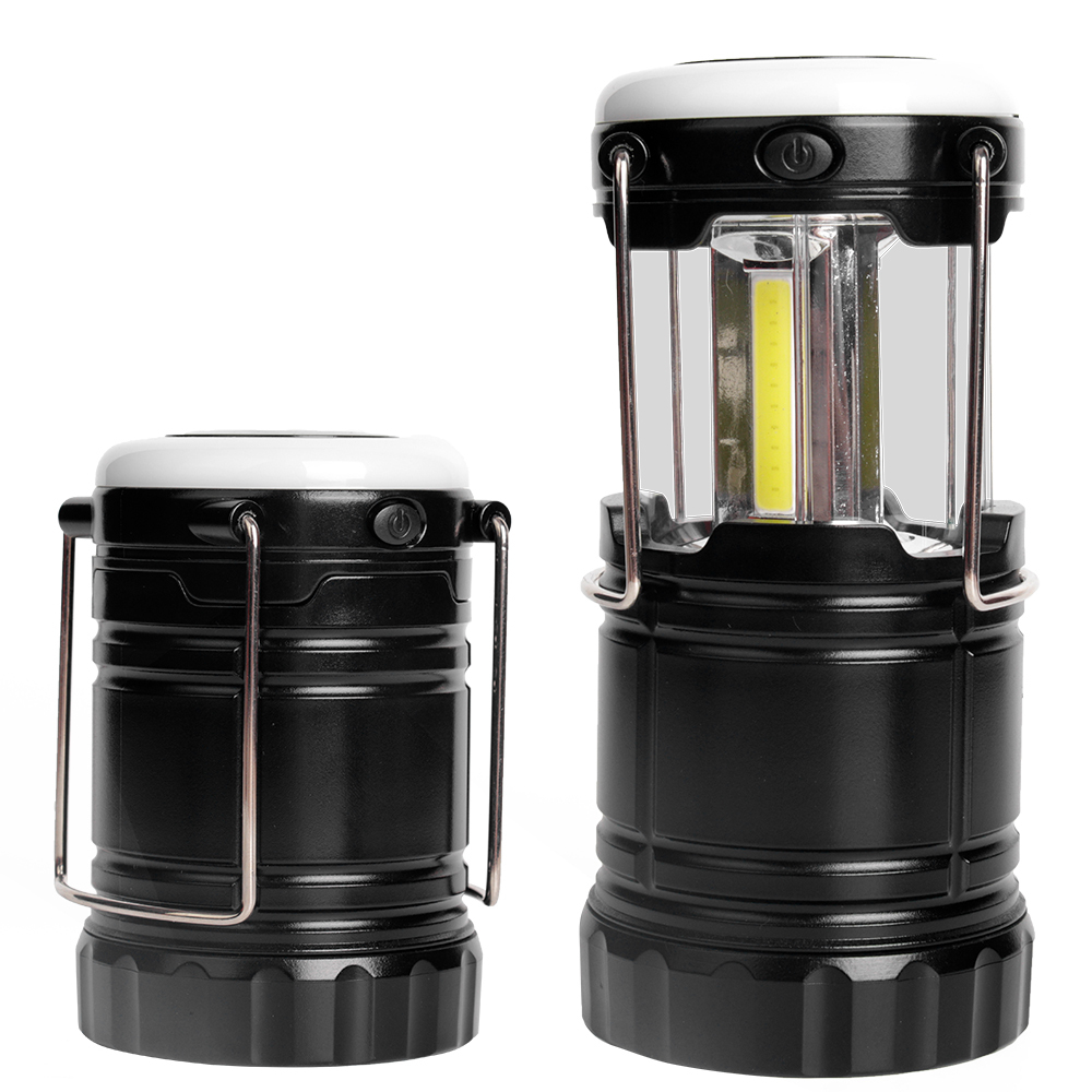 Side-by-side comparison of the camping lantern in its collapsed closed state and extended open state.