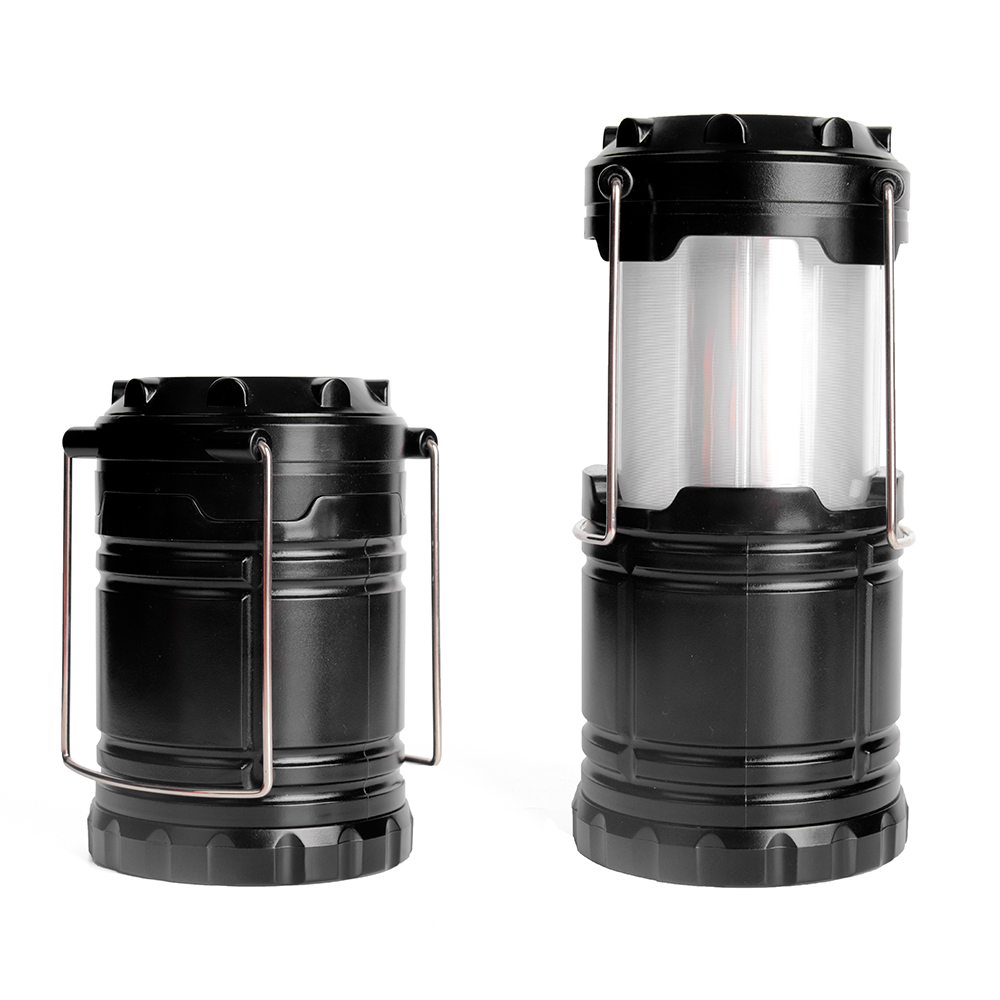 Side-by-side comparison of the LED flame camping lantern in its collapsed closed state and stretched open state.