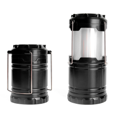 Side-by-side comparison of the LED flame camping lantern in its collapsed closed state and stretched open state.