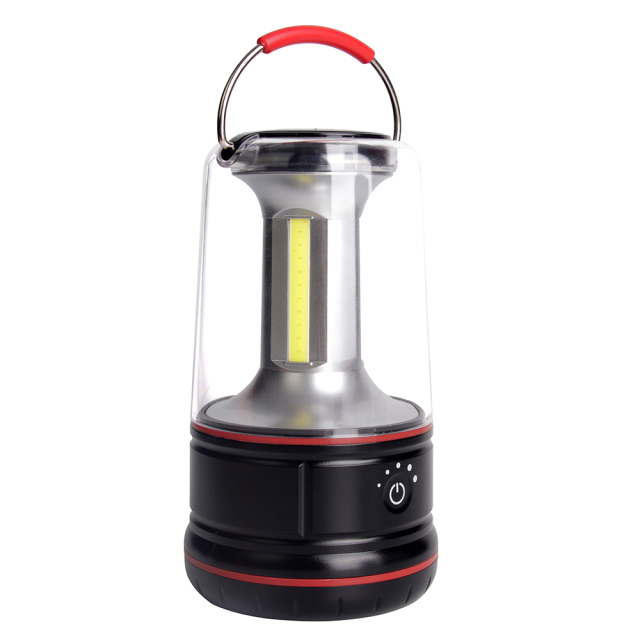 Front view of the dimmable COB LED camping lantern with a clear shade and red rubber handle.