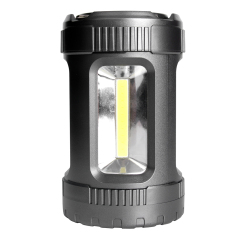 Front view of the rugged black COB LED camping lantern with clear side light windows.
