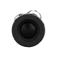 Bottom view of the black telescopic LED flashlight showing the rubberized push-button power switch.