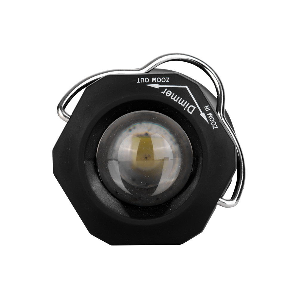Top view of the LED light showing the zoomable convex lens, dimming indicators, and metal wire hanging loop.