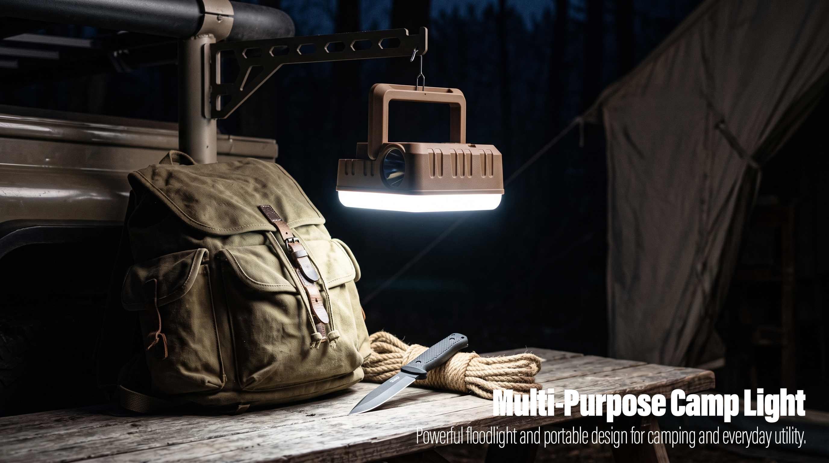A portable multi-functional LED camping lantern hanging on a metal bracket above a wooden table during outdoor camping at night.