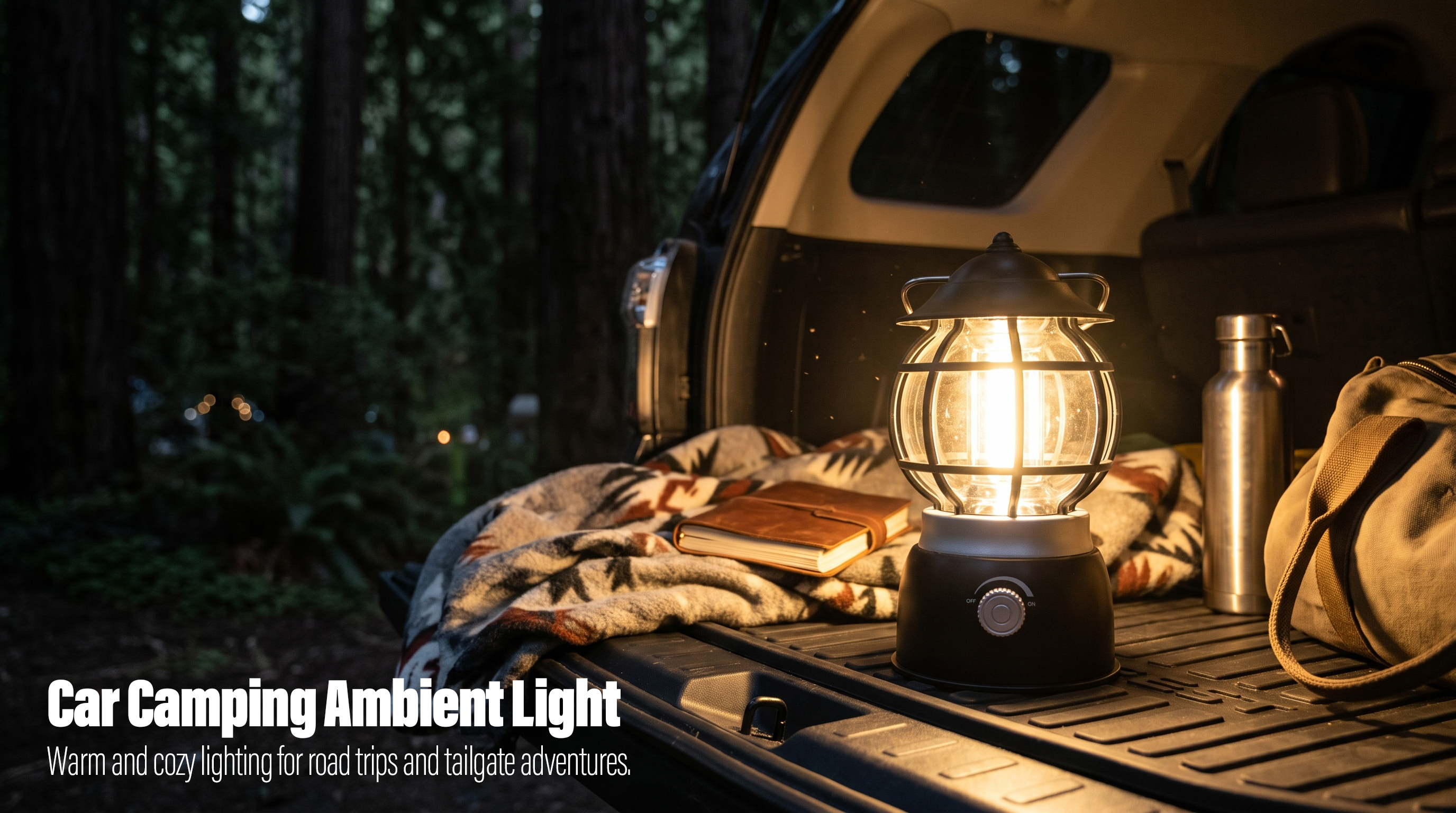 A black vintage LED camping lantern glowing inside an open SUV trunk next to a blanket, book, and thermos during a night car camping trip in the forest.
