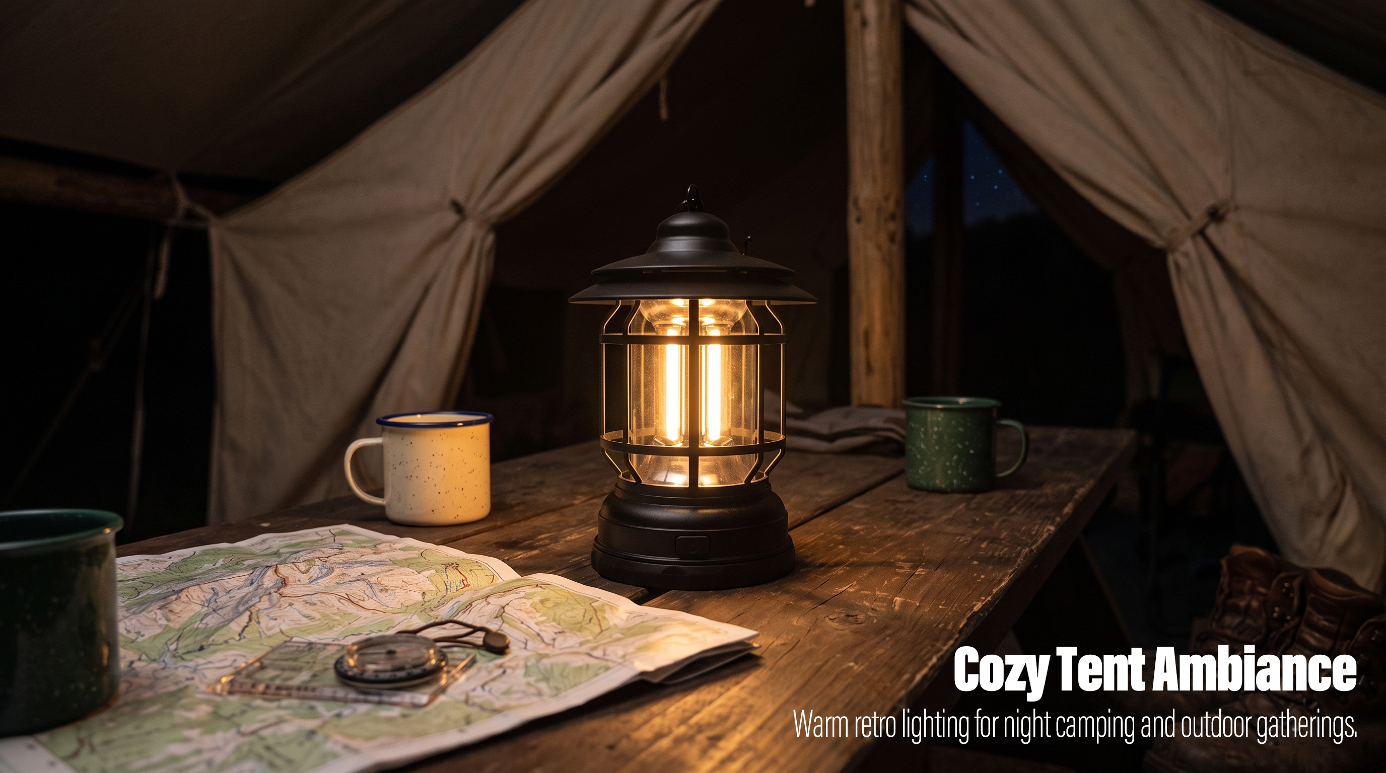 A black vintage LED camping lantern glowing on a wooden table inside a canvas tent alongside a map, compass, and enamel mugs.